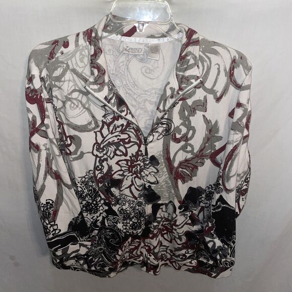 Zenergy By Chicos Women’s Full Zip Shacket Size 3 U.S. XL White Black Floral - Picture 1 of 12